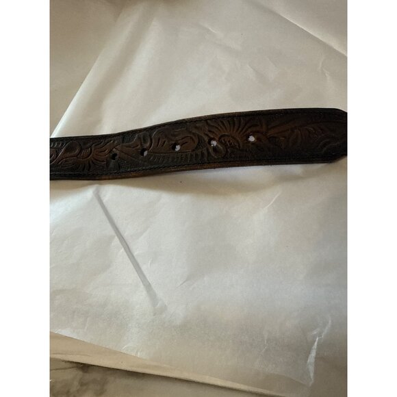 Vintage Tooled Leather Belt With Floral Design & Metal Buckle Size 34 - Picture 3 of 4